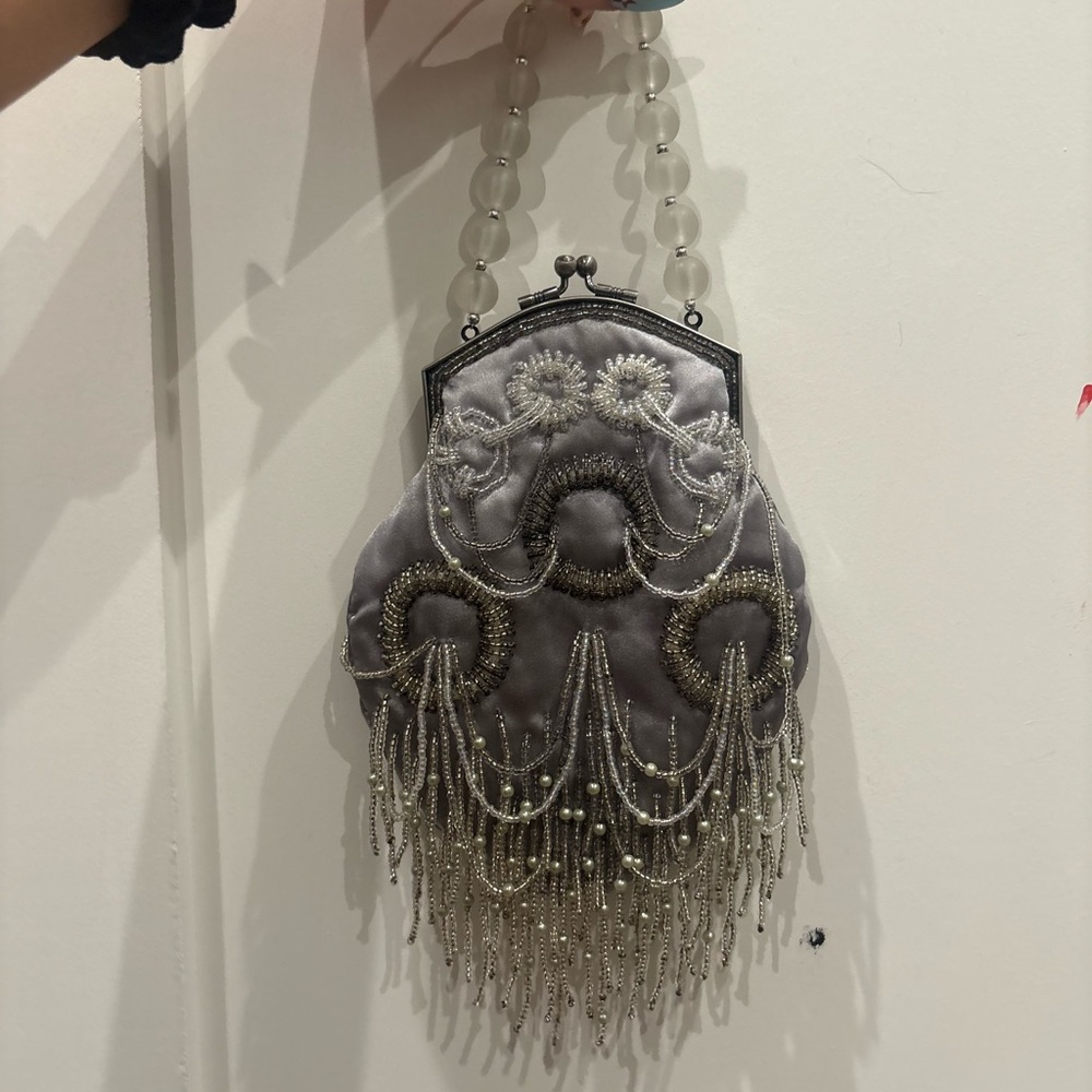 One of a kind vintage silver beaded fringe mini bag!